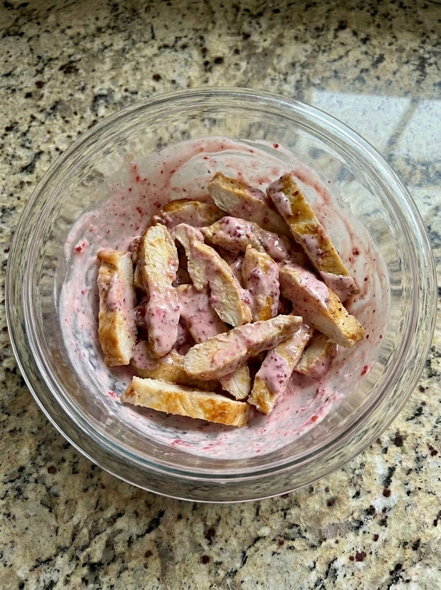 Chicken coated with raspberry dressing for Raspberry Chicken Wraps