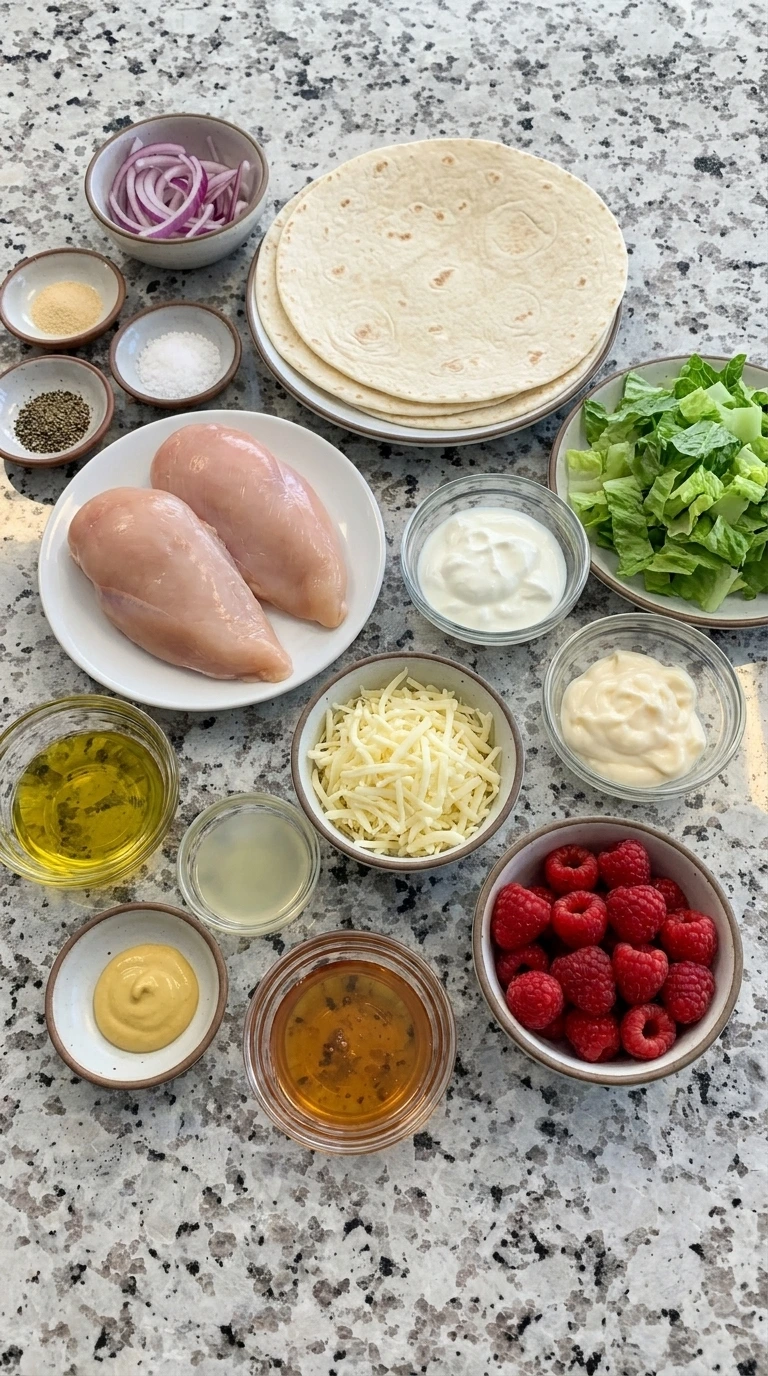 Ingredients for Raspberry Chicken Wraps in separate small containers