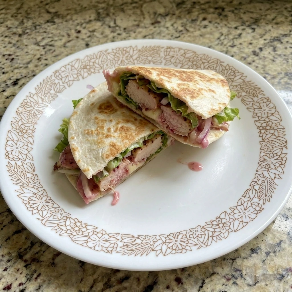 Sliced Raspberry Chicken Wrap served on a plate