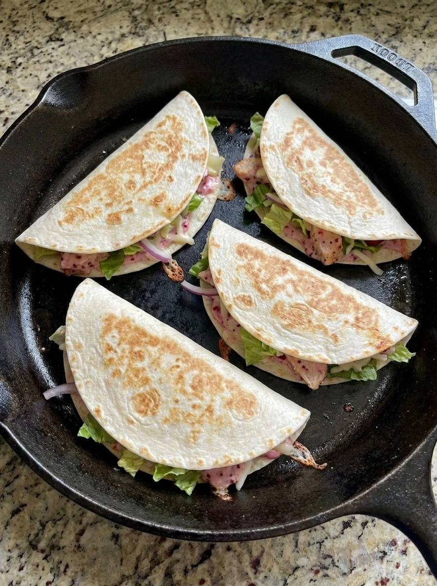 Toasted Raspberry Chicken Wraps in skillet