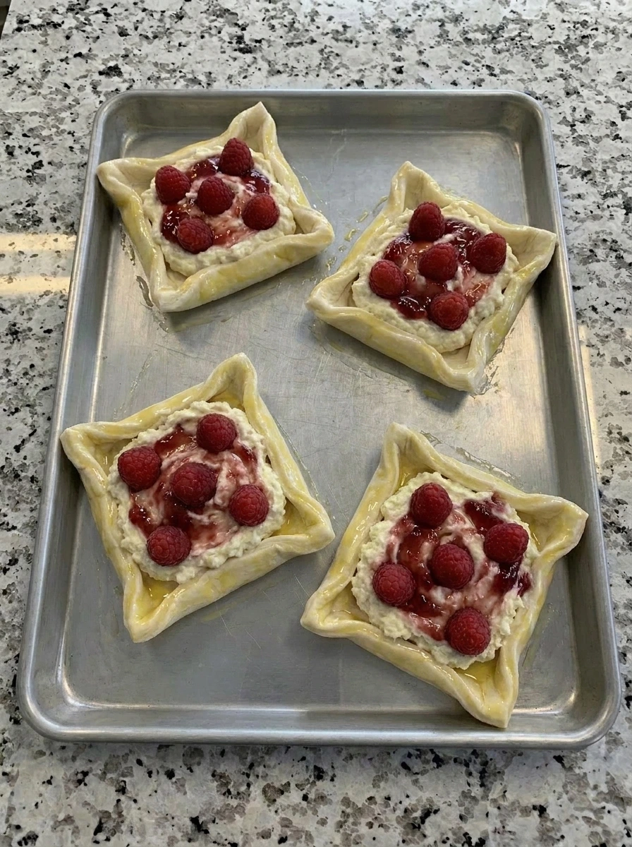 Raspberry Danish pastry edges brushed with egg wash