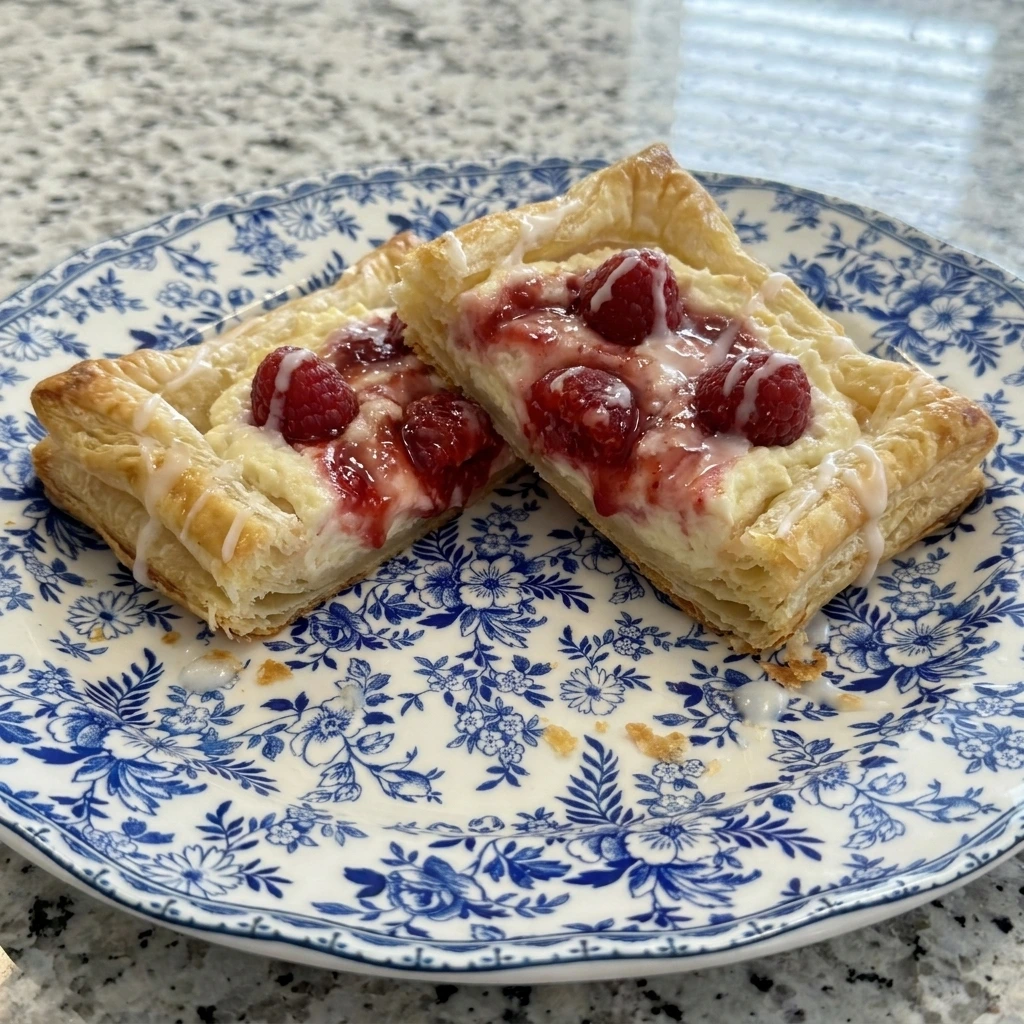 Single Raspberry Danish served with visible flaky layers