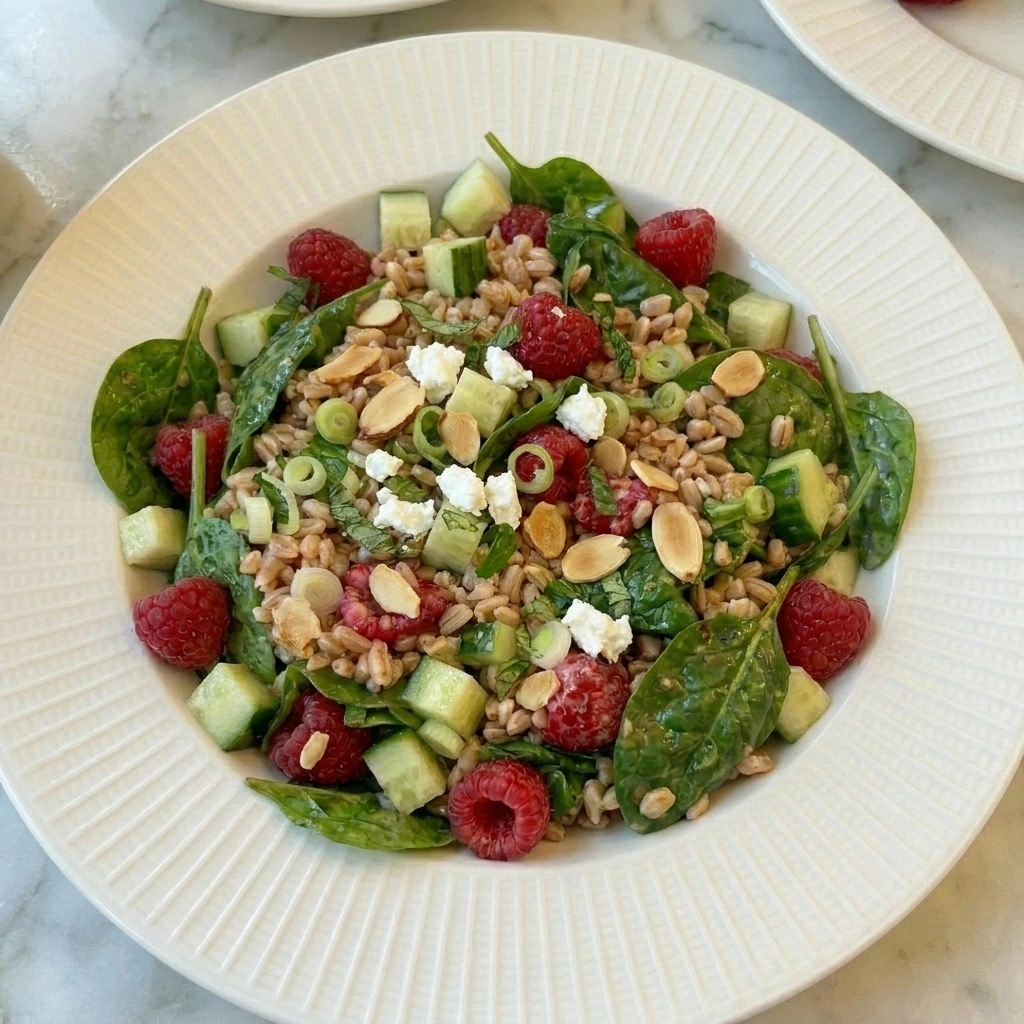 Raspberry Farro Bowl with farro and raspberries and feta and toasted almonds