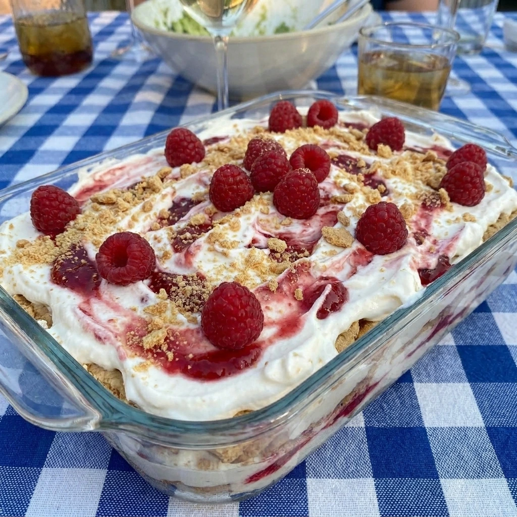 Raspberry Icebox Cake with creamy layers and fresh raspberries