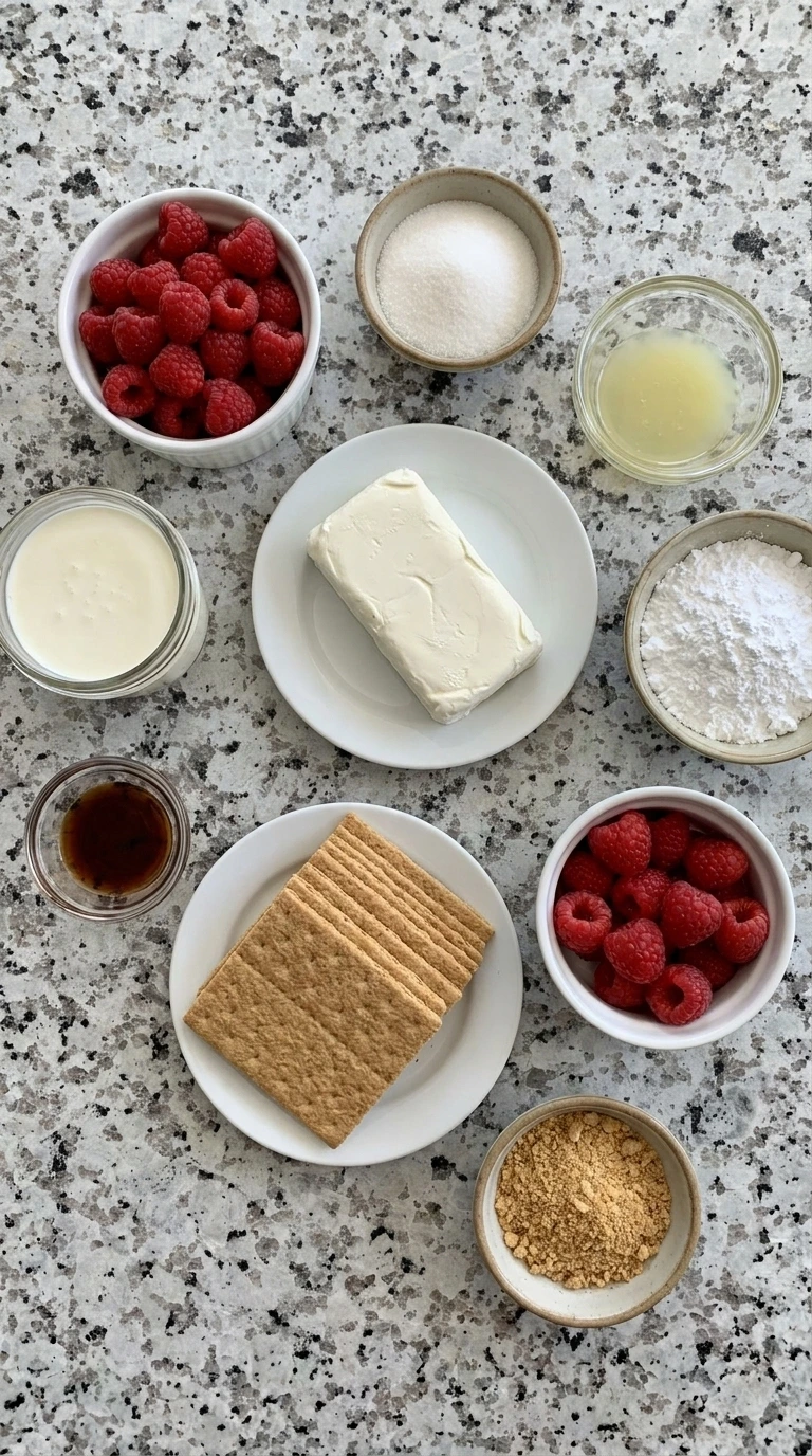 Ingredients for Raspberry Icebox Cake in separate bowls