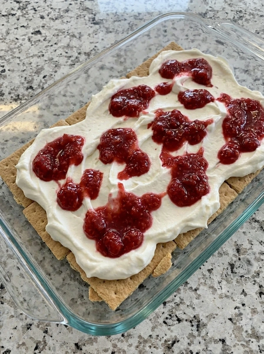 First layers of Raspberry Icebox Cake in baking dish