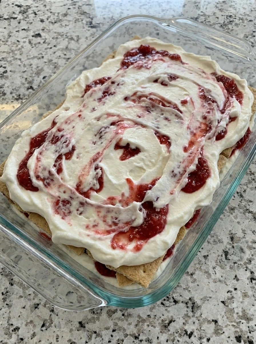 Fully layered Raspberry Icebox Cake before chilling