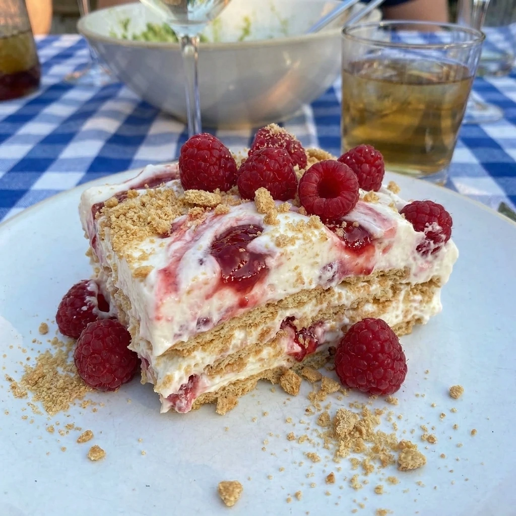 Slice of Raspberry Icebox Cake on a white plate