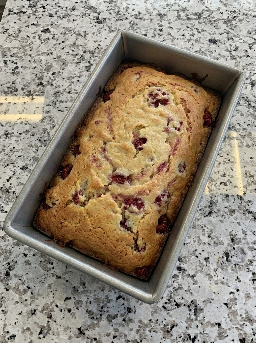 Baked Raspberry Lemon Loaf Cake with golden cracked top