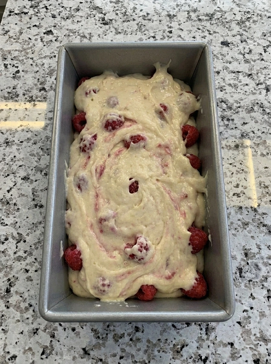 Raspberry Lemon Loaf Cake batter poured into loaf pan