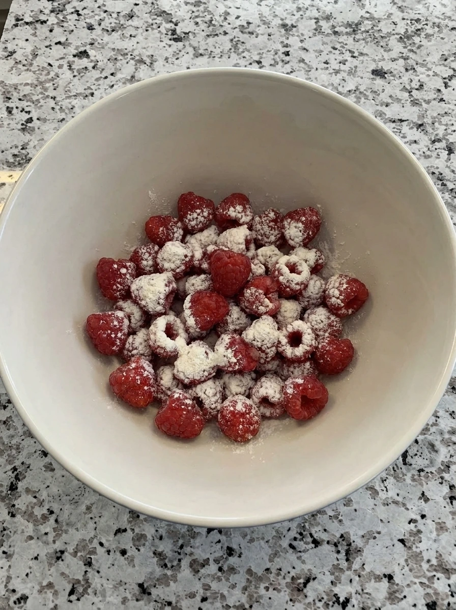 Raspberries lightly coated in flour for Raspberry Lemon Loaf Cake
