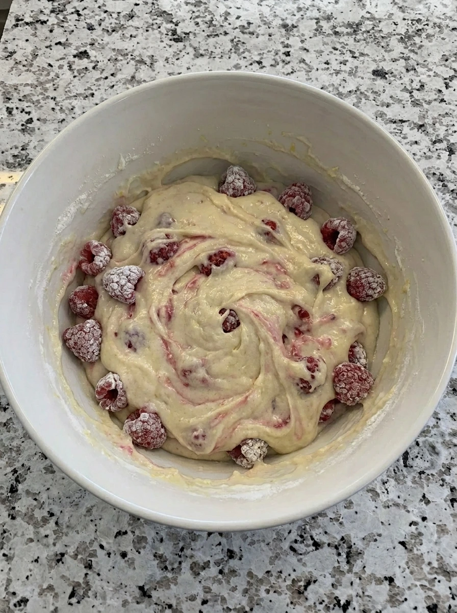 Raspberry Lemon Loaf Cake batter with raspberries folded in