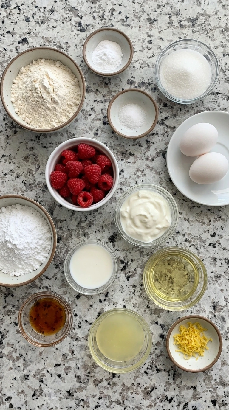 Ingredients for Raspberry Lemon Loaf Cake in separate bowls