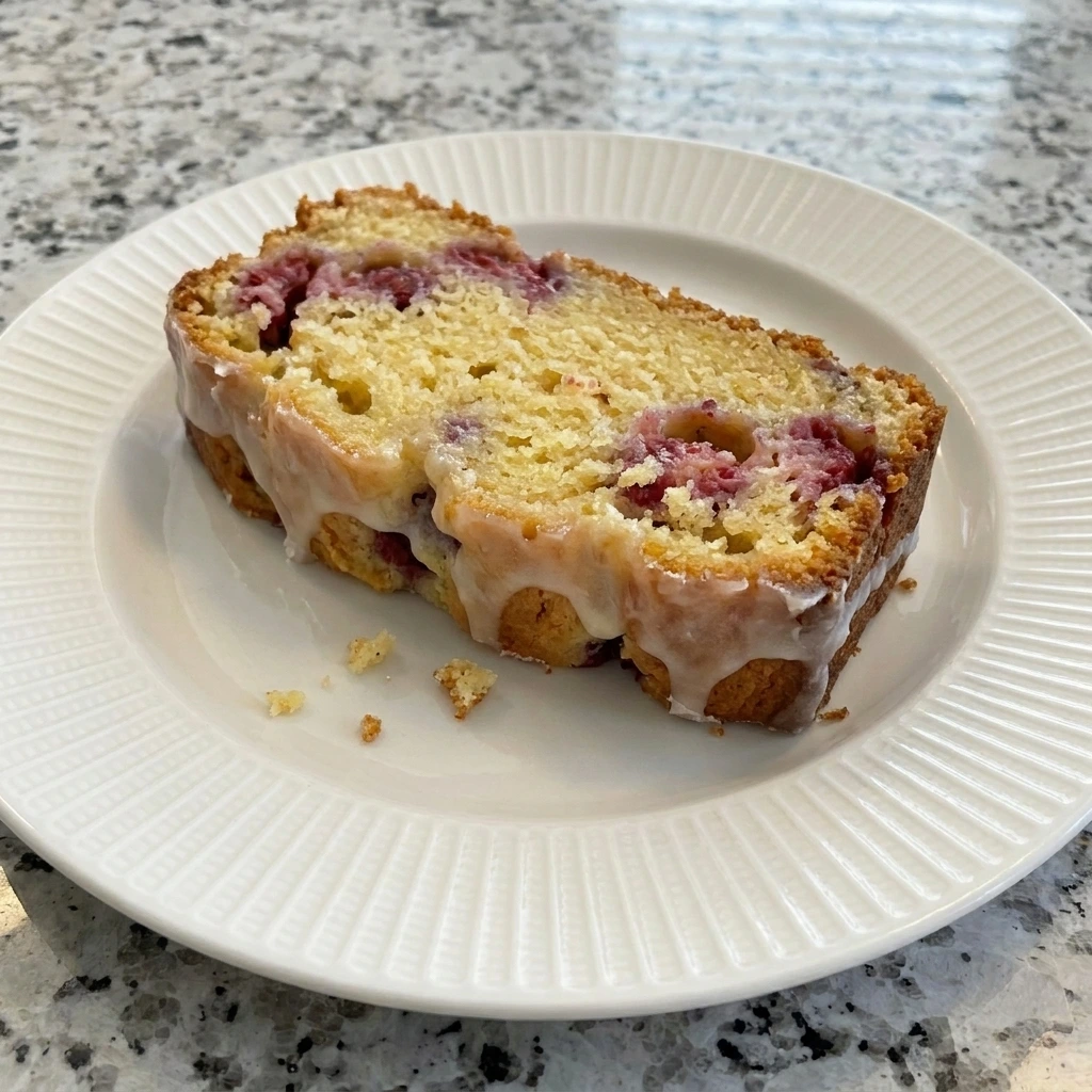 Slice of Raspberry Lemon Loaf Cake with glaze and raspberries
