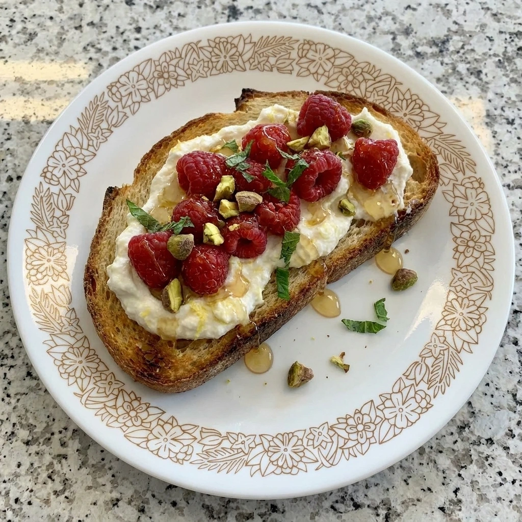 Finished Raspberry Ricotta Toast with honey and pistachios