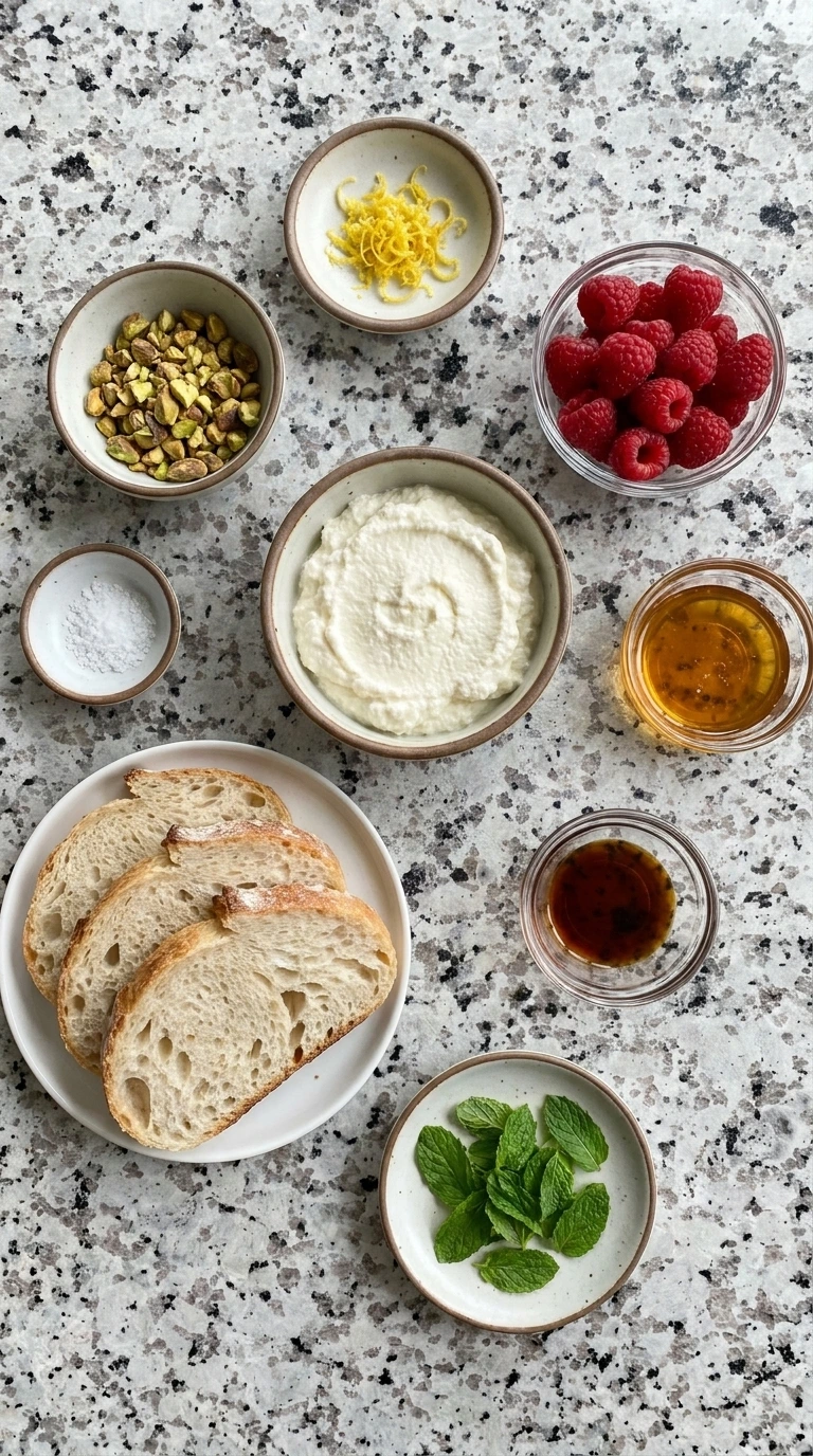 Ingredients for Raspberry Ricotta Toast in separate bowls