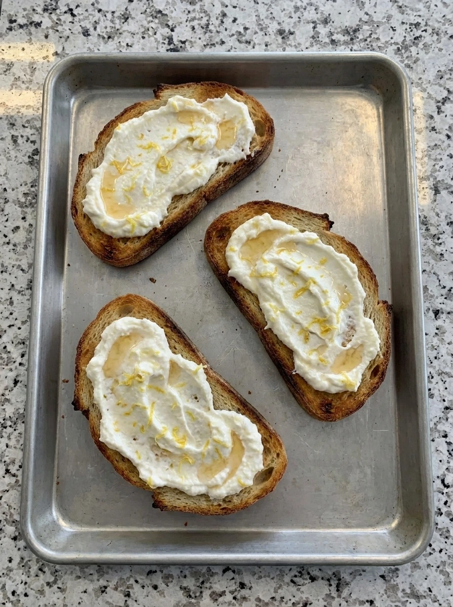 Ricotta spread on toasted sourdough for Raspberry Ricotta Toast