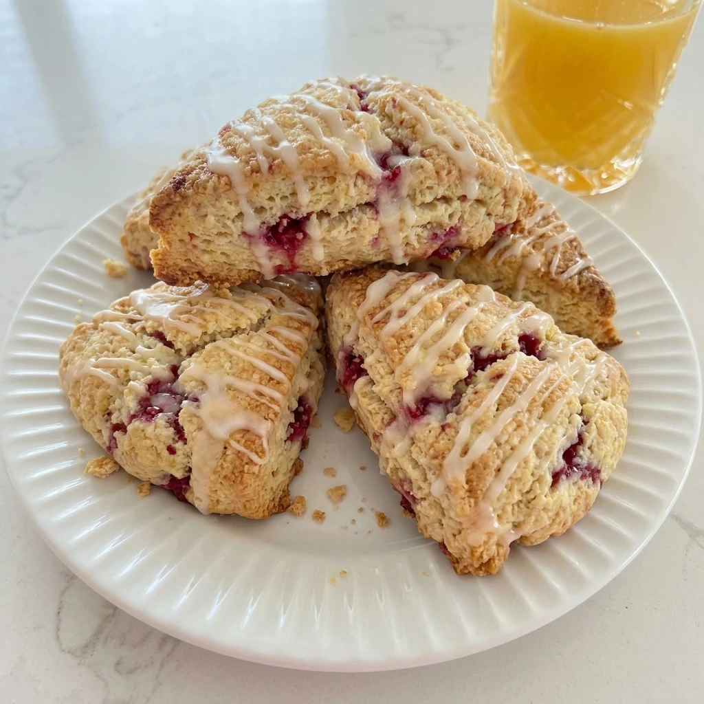 Golden Raspberry Scones with pink berry pockets and vanilla glaze