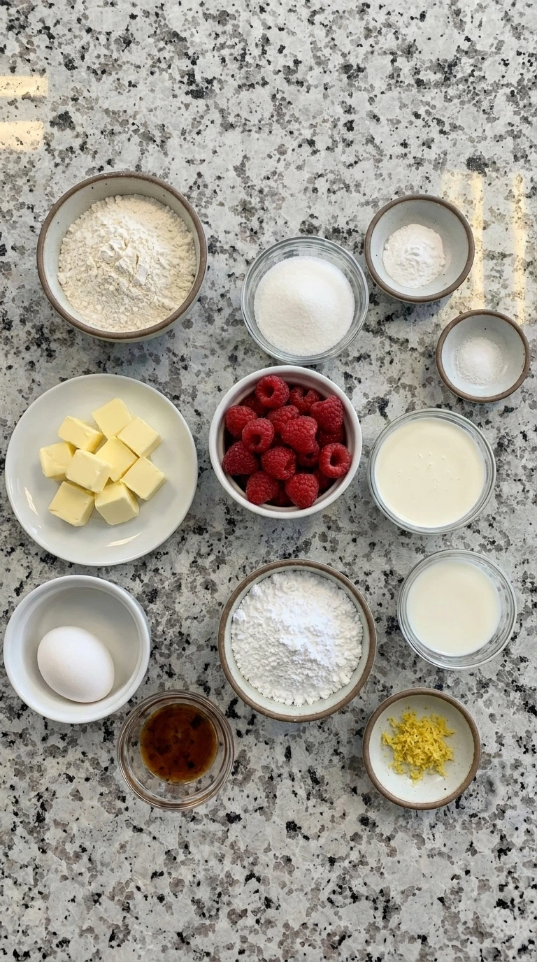 Ingredients for Raspberry Scones in separate small containers