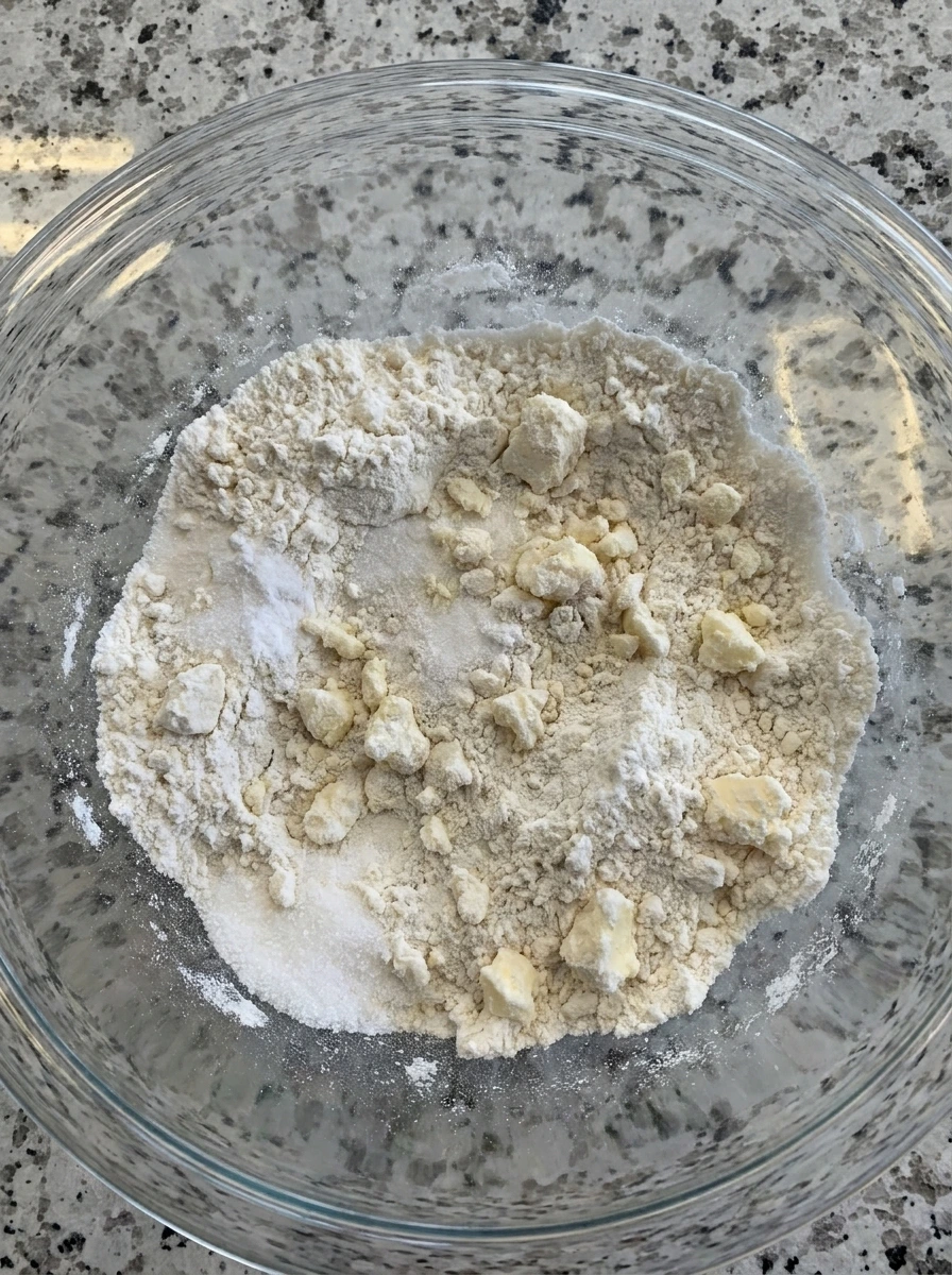 Cold butter cut into dry mix for Raspberry Scones