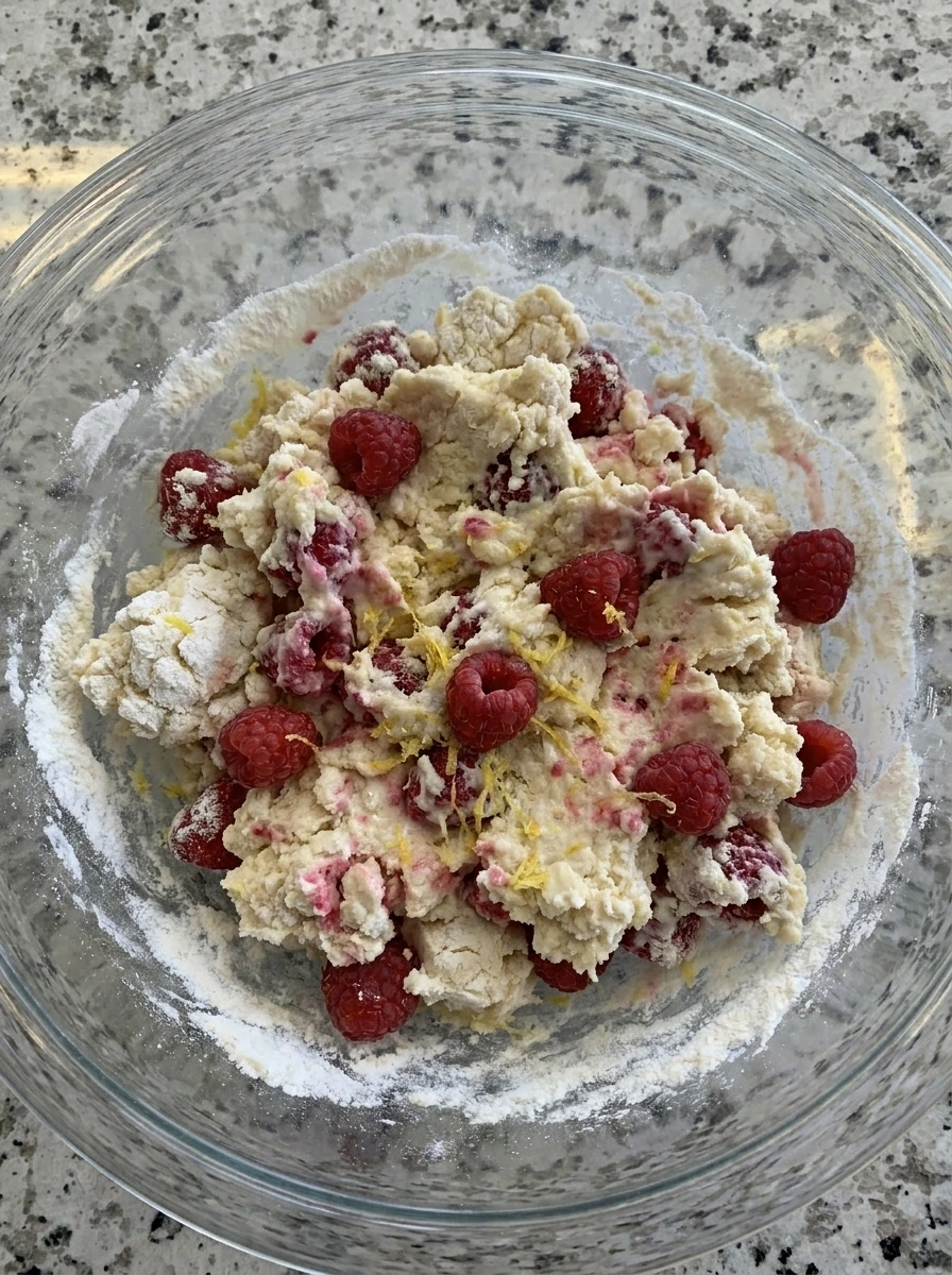 Raspberry Scones dough folded with cream and berries