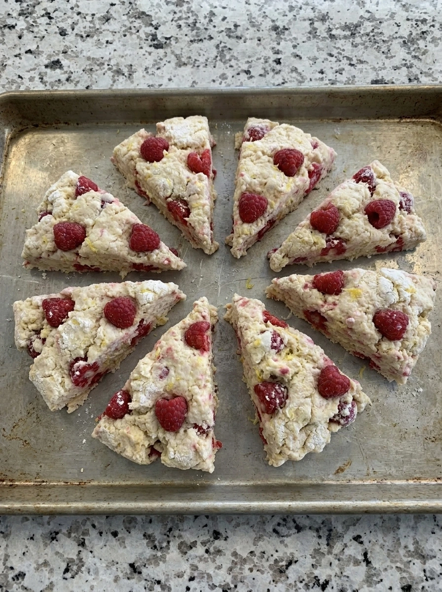 Raspberry Scones dough shaped and cut into wedges