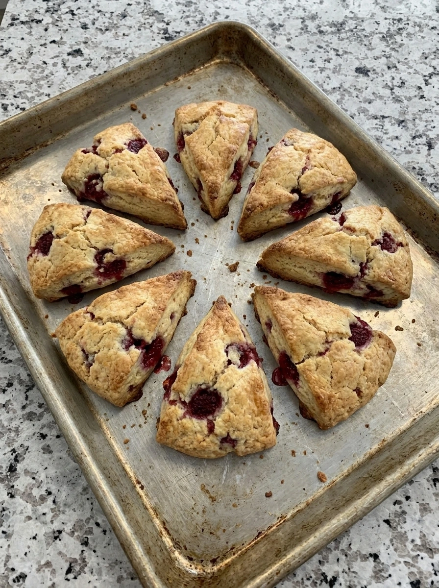 Baked Raspberry Scones with golden cracked tops