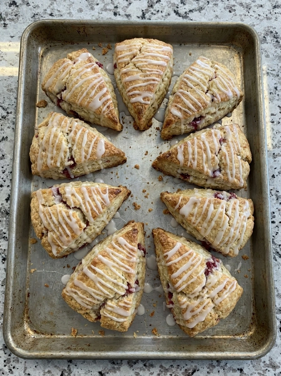 Glazed Raspberry Scones with flaky golden tops