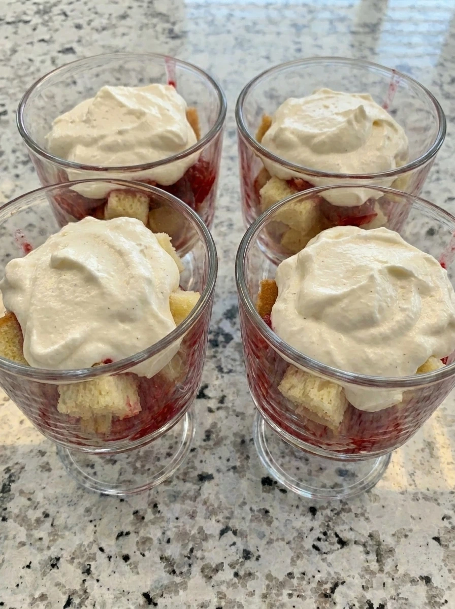 Whipped cream layered into Raspberry Shortcake Cups
