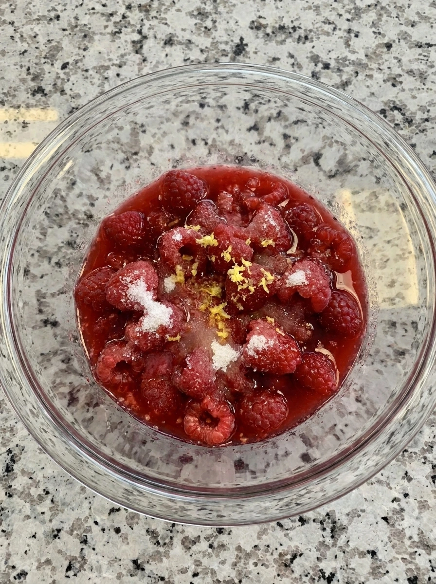 Crushed raspberries with sugar for Raspberry Shortcake Cups