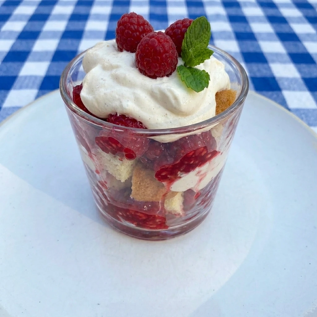 Finished Raspberry Shortcake Cup serving with berries and cream