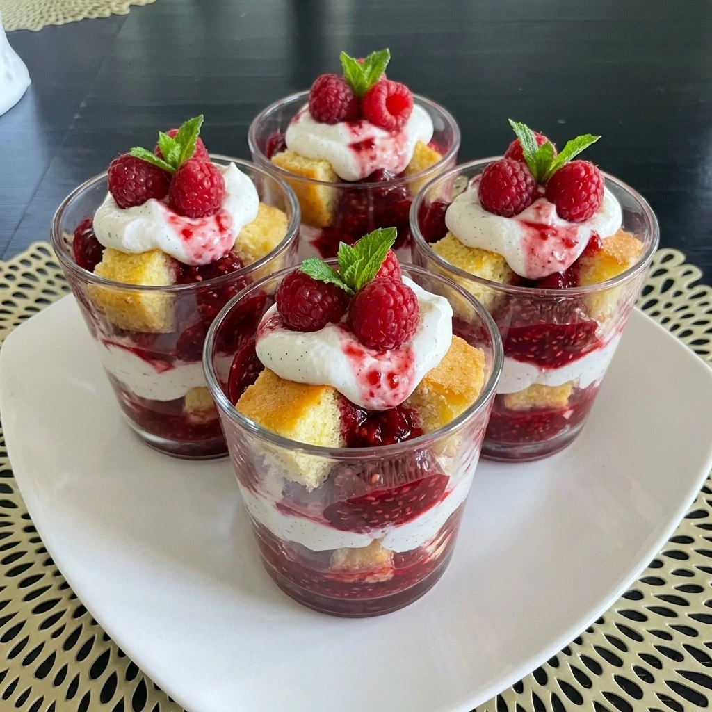 Raspberry Shortcake Cups with whipped cream and fresh raspberries