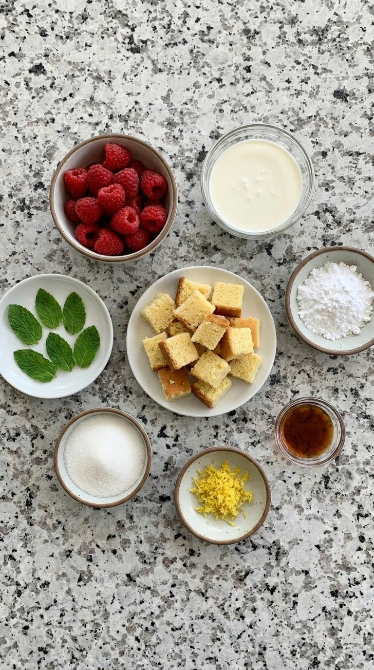 Ingredients for Raspberry Shortcake Cups in separate small containers