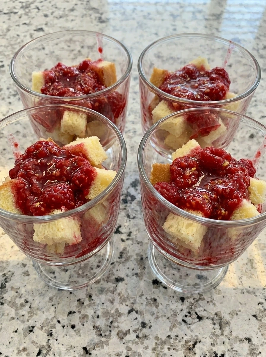Shortcake cubes layered with raspberries for Raspberry Shortcake Cups