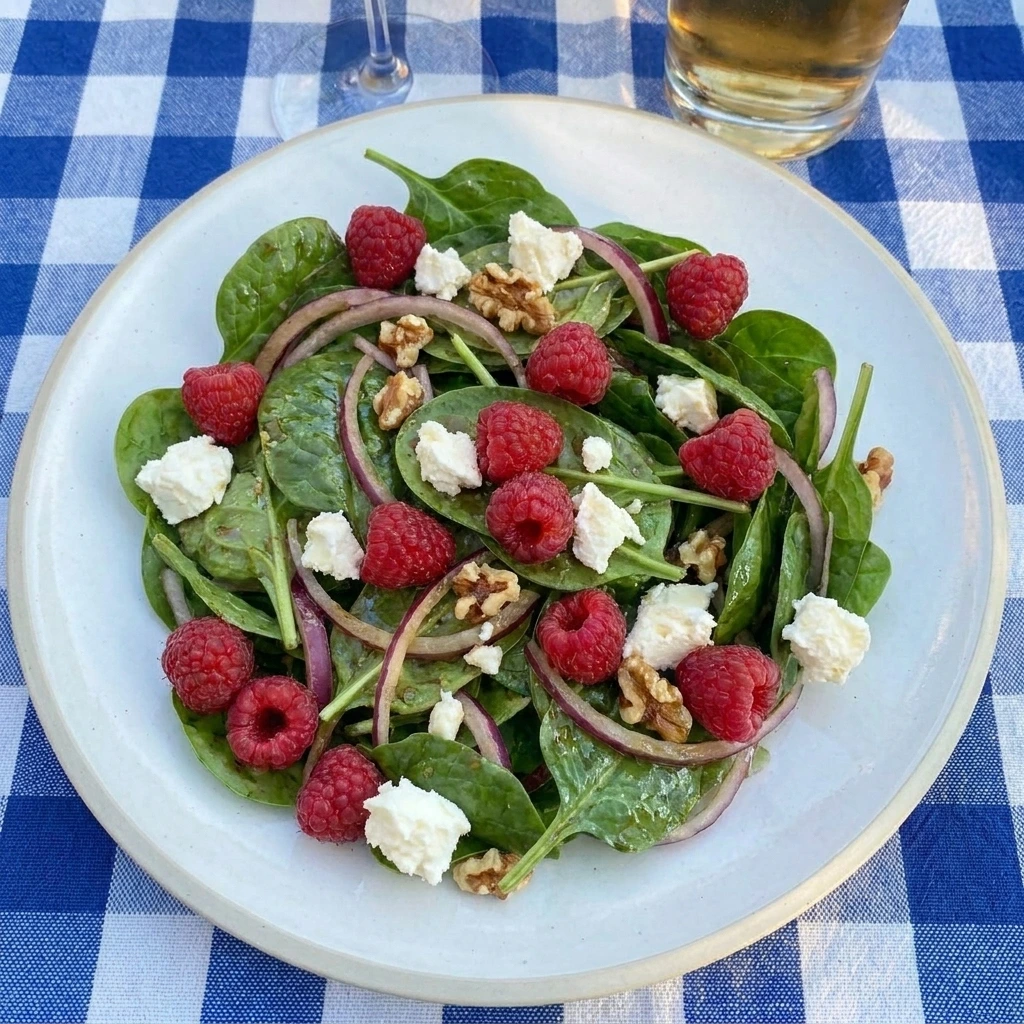 Single portion of Raspberry Spinach Goat Cheese Salad with toasted walnuts