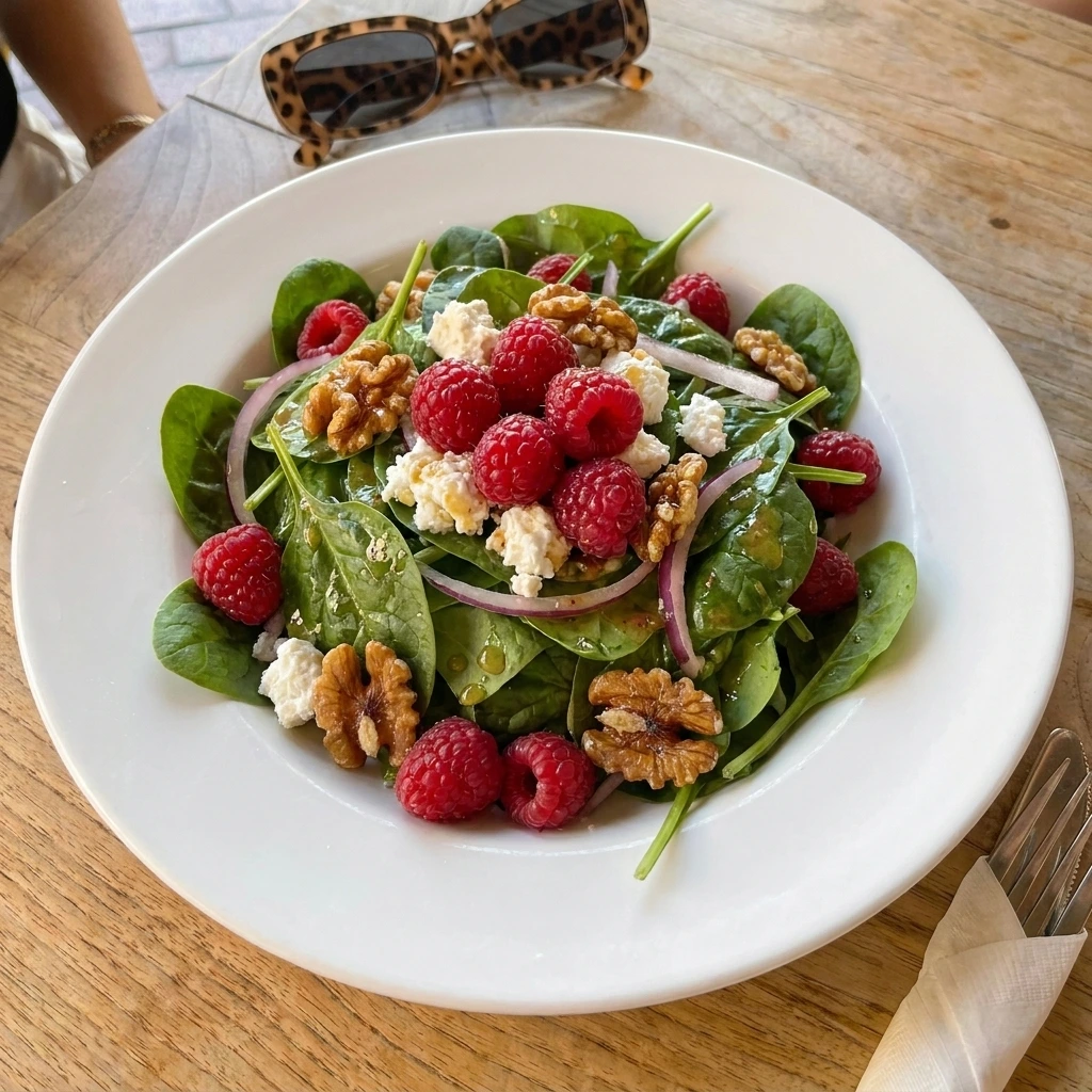 Raspberry Spinach Goat Cheese Salad with raspberries and goat cheese and toasted walnuts