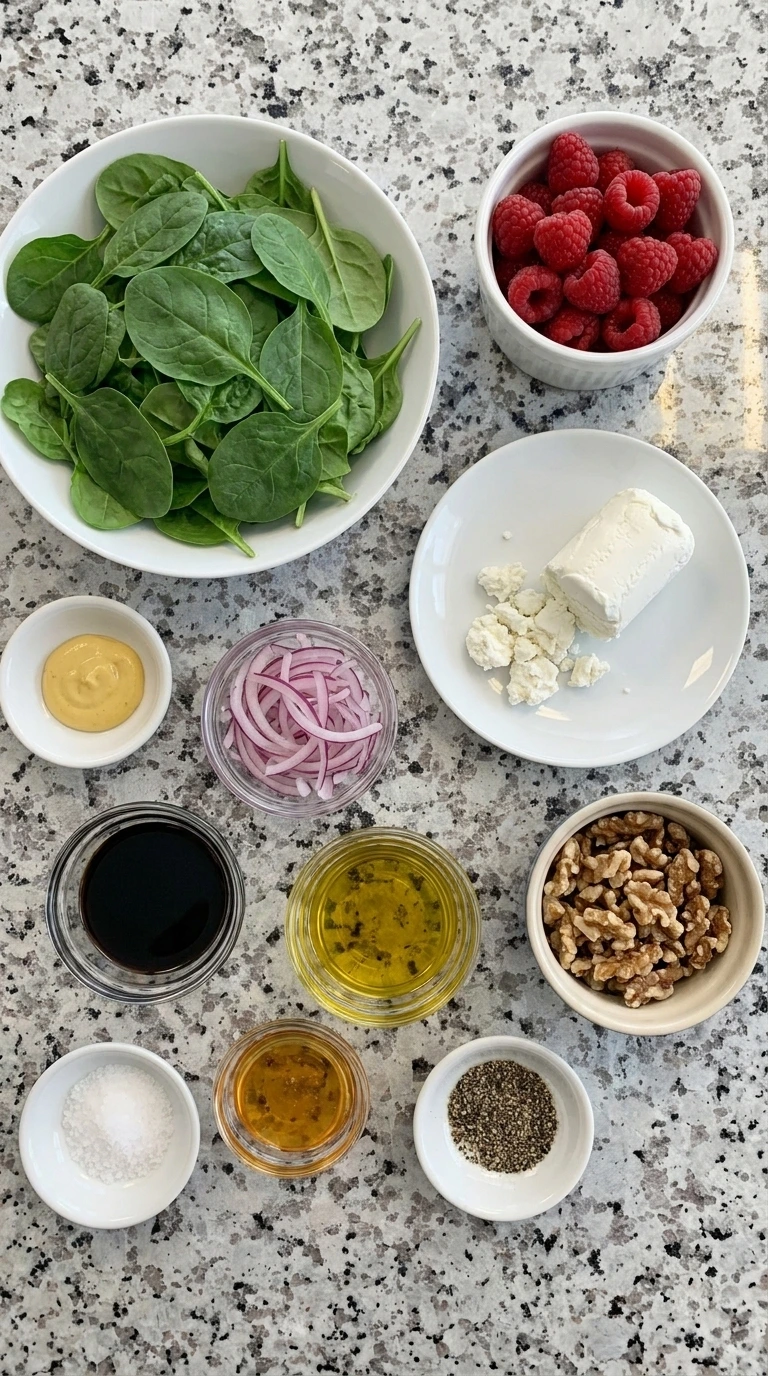 Ingredients for Raspberry Spinach Goat Cheese Salad in separate small containers