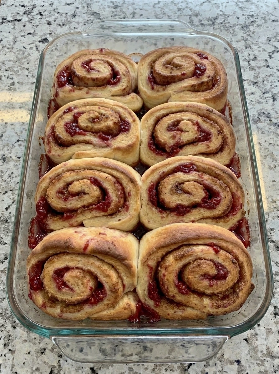 Baked Raspberry Sweet Rolls with golden tops and jammy filling