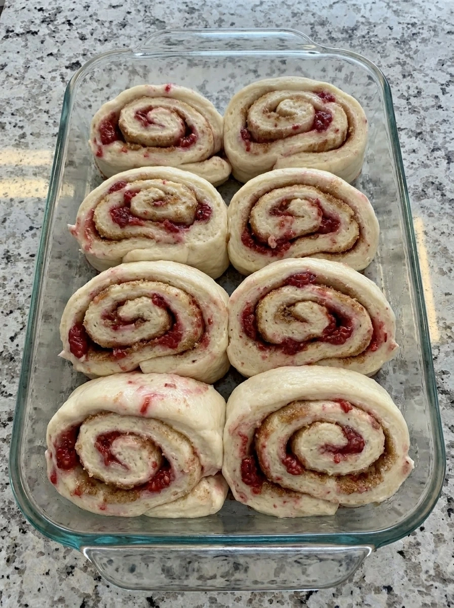 Unbaked Raspberry Sweet Rolls arranged in a baking dish