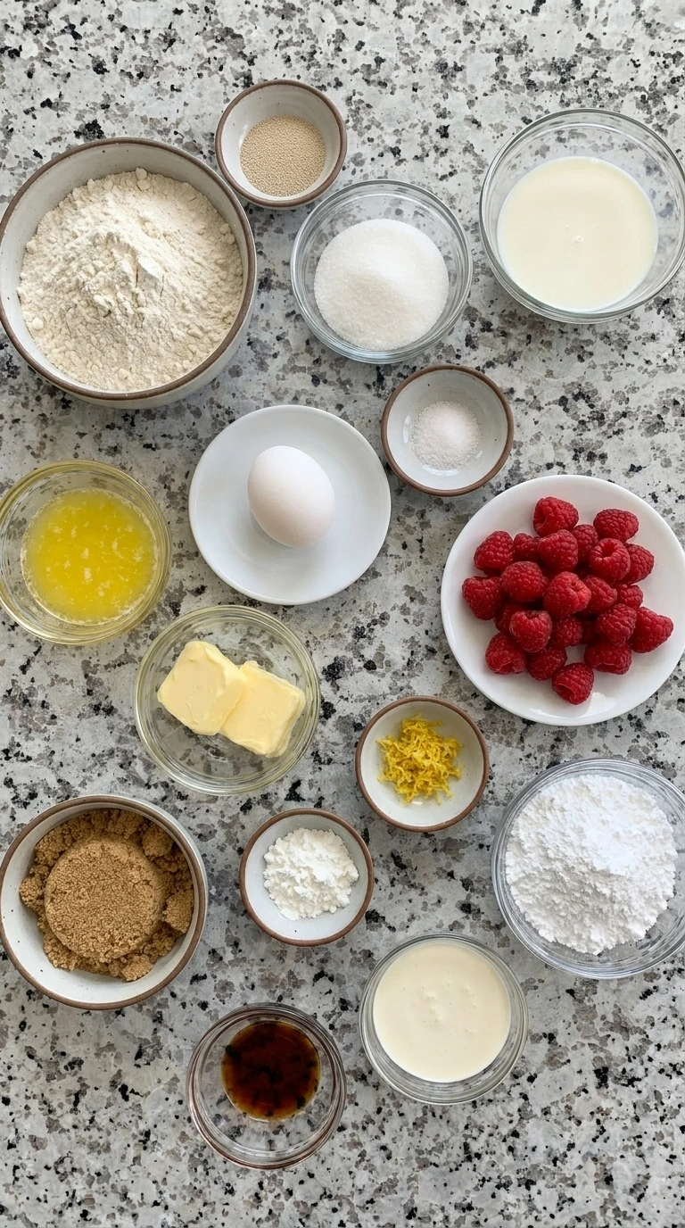 Ingredients for Raspberry Sweet Rolls arranged in separate small containers