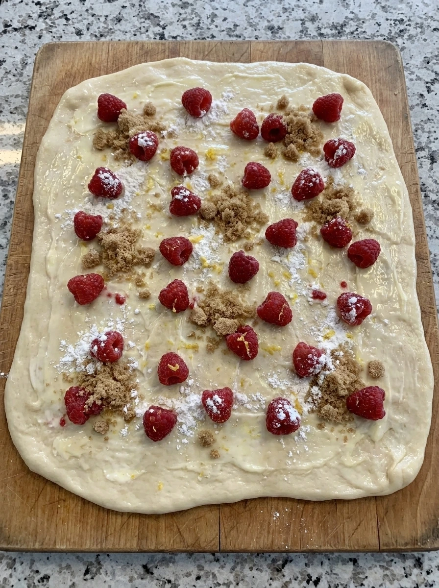 Raspberry filling spread over sweet roll dough