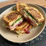 Raspberry Turkey Brie Panini with melted brie and turkey on crisp bread