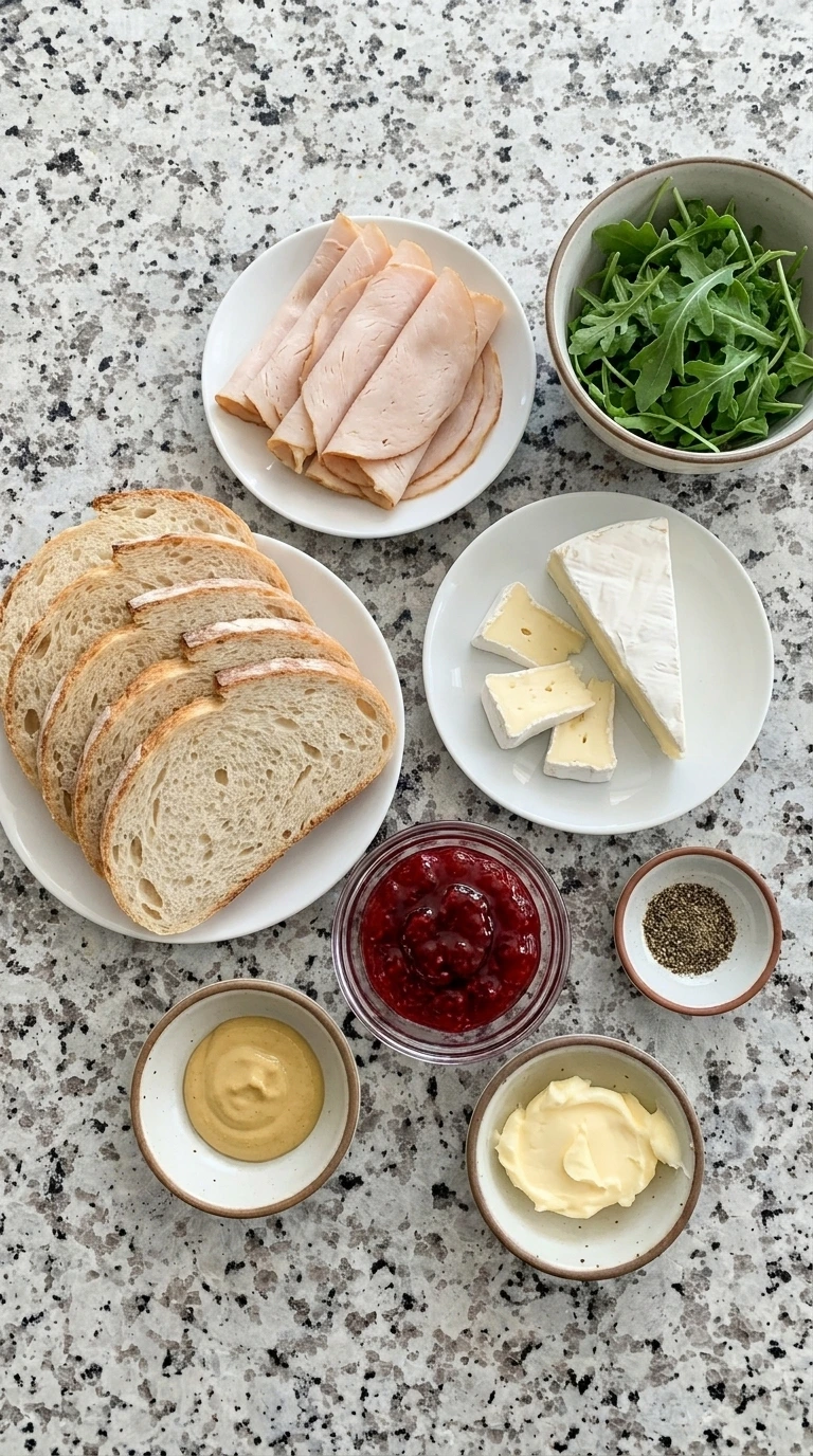 Ingredients for Raspberry Turkey Brie Panini in separate containers