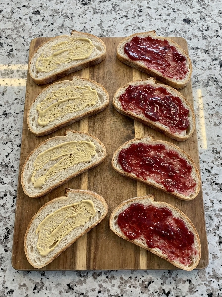 Sourdough bread spread with raspberry preserves and Dijon for panini