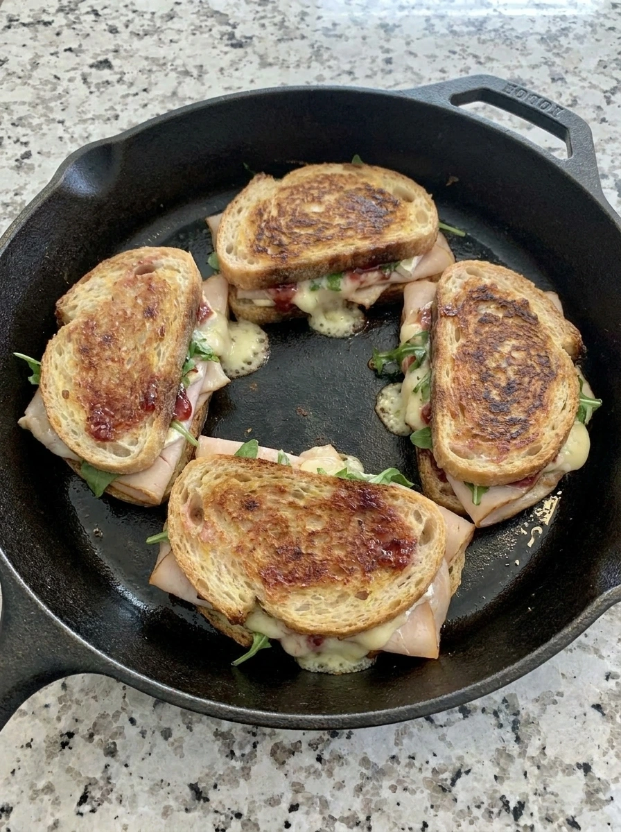 Raspberry Turkey Brie Panini cooking with melted brie in skillet