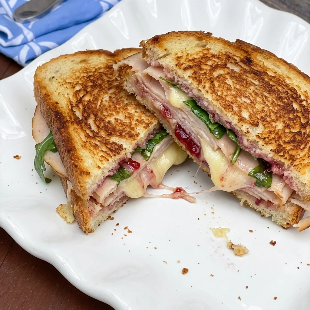 Sliced Raspberry Turkey Brie Panini with melted brie and turkey