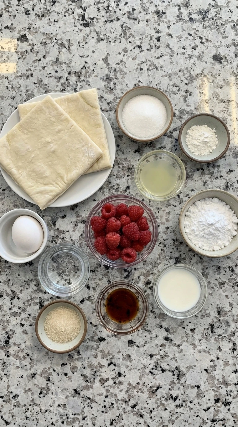 Ingredients for Raspberry Turnovers arranged in separate containers