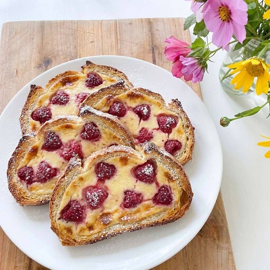 Raspberry Yogurt Toast with creamy yogurt custard and softened raspberries