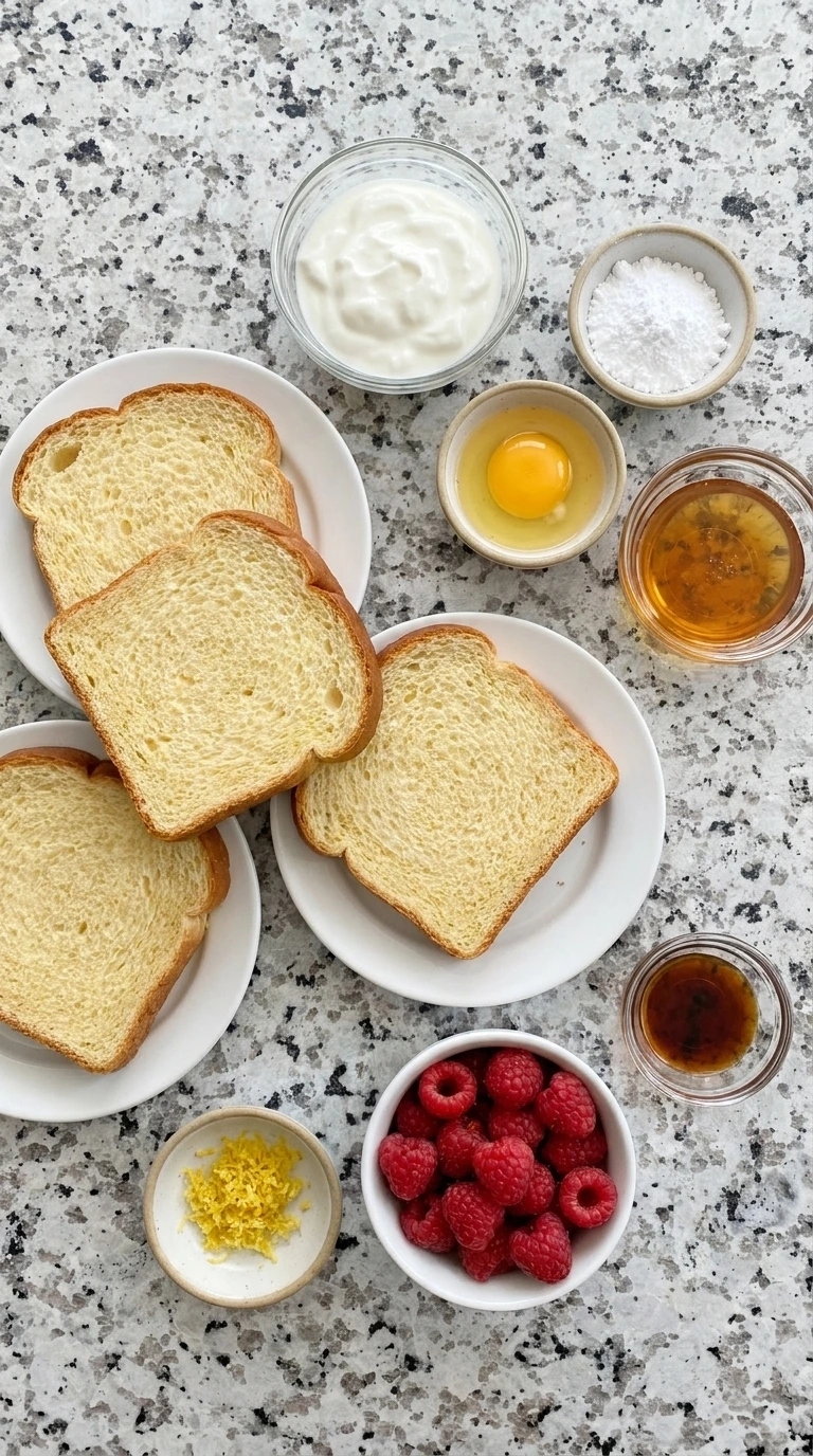 Ingredients for Raspberry Yogurt Toast in separate small containers
