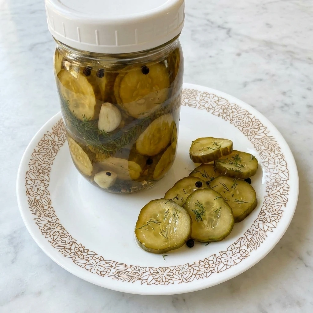 Jar of crisp refrigerator pickles with dill and garlic